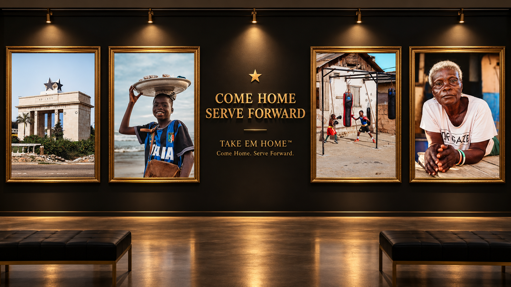 Come Home Serve Forward exhibition wall featuring the Independence Arch, a market vendor, young boxers and an elder from Ghana
