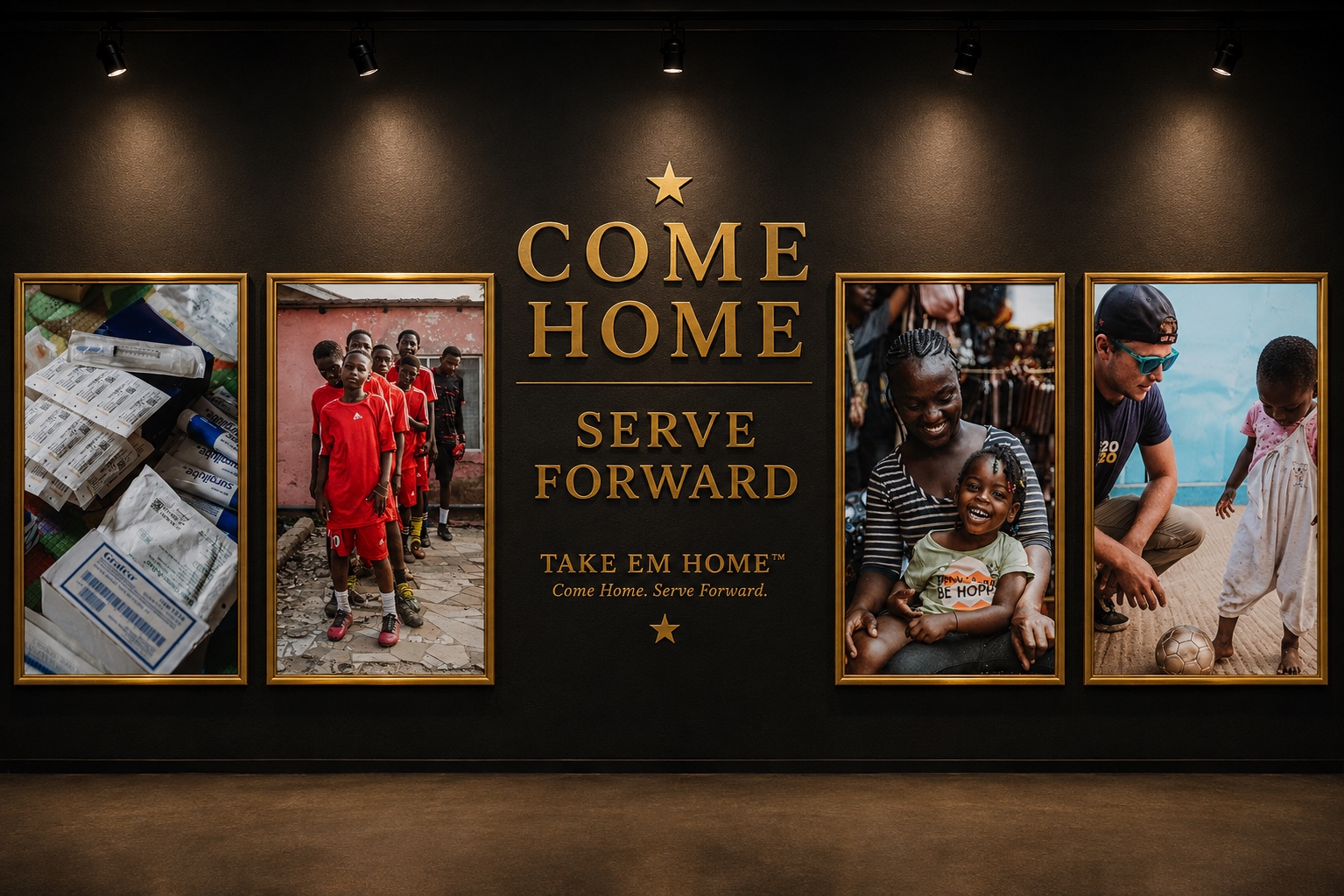 Come Home Serve Forward gallery wall featuring health, youth sports and community service