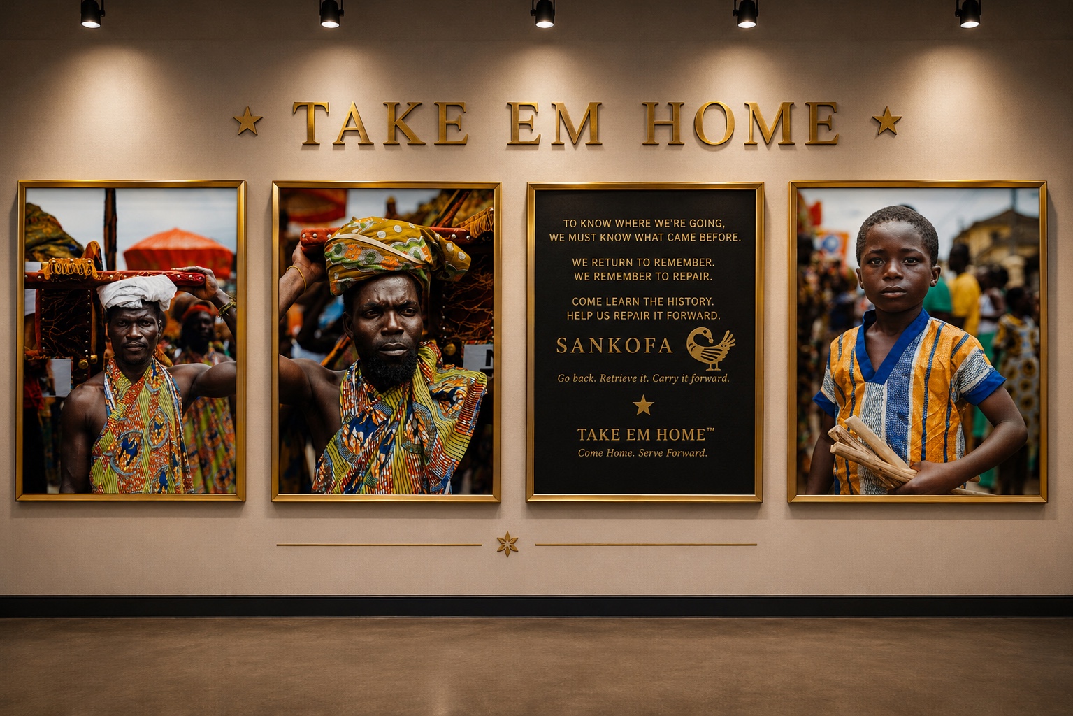 Take Em Home gallery wall with Ghanaian portraits and Sankofa message